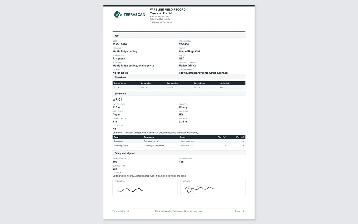 Wireline field record exported as a PDF