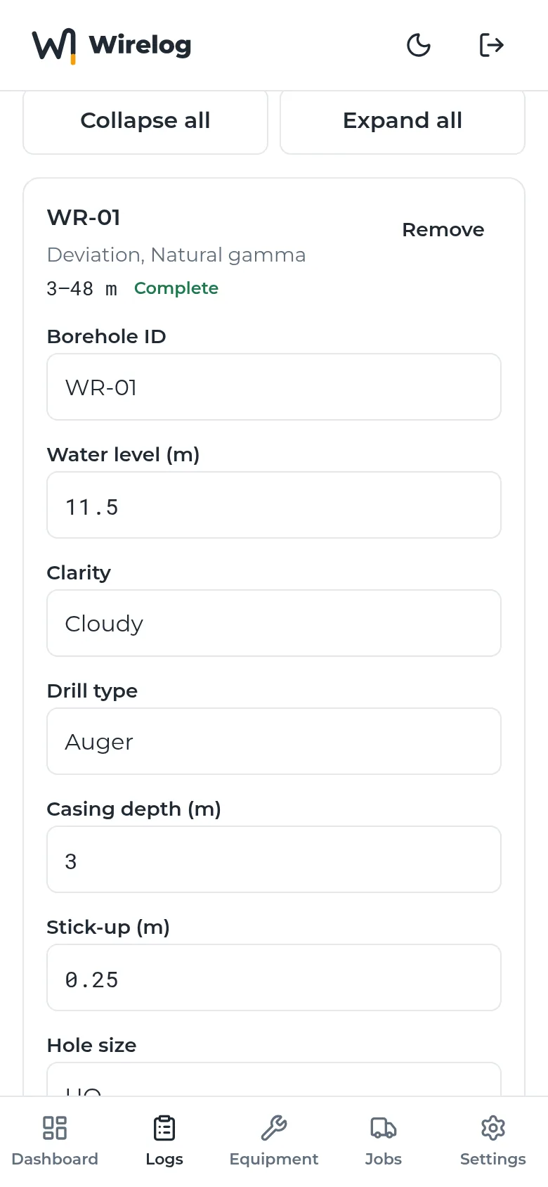 Wireline field form on a phone, filled in for borehole WR-01